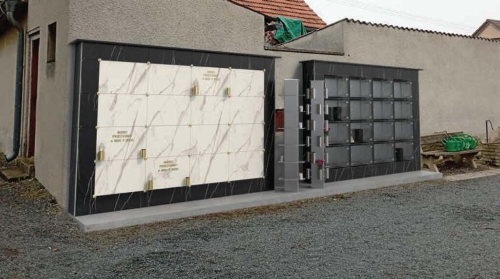 Vizualizácia cintorína v Smečne s návrhom priestoru pri stenách budovy, vhodného na umiestnenie kolumbária urnové hroby, urna, kolumbárium, mobiliár