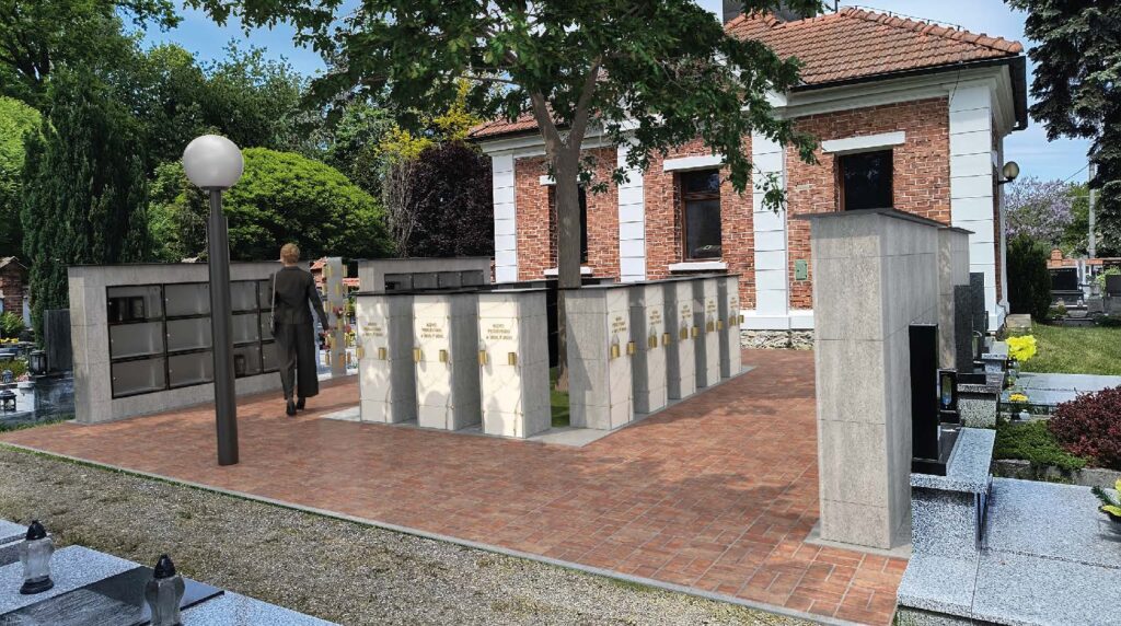 Moderné kolumbáriá s mramorovým obkladom a čiernym rámovaním, obklopené upravenou zeleňou, lavičkami a chodníkmi v upravených priestoroch cintorínov – ukážka riešení od spoločnosti MODU-AL.